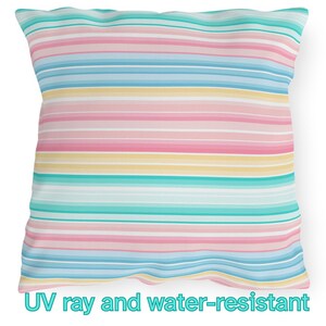Pink Yellow Blue Green Striped Outdoor Pillow - Colorful Coastal Throw for Patio, Porch, or Garden | UV & Water Resistant Cushion