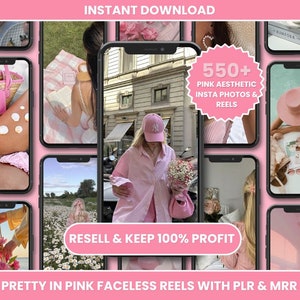 Puede incluir: Un collage de imágenes con fotos y carretes estéticos rosas de Instagram. El texto "550+ Pink Aesthetic Insta Photos & Reels" se muestra en un círculo rosa. El texto "Resell & Keep 100% Profit" se muestra en un rectángulo rosa. El texto "Pretty in Pink Faceless Reels with PLR & MRR" se muestra en la parte inferior de la imagen.
