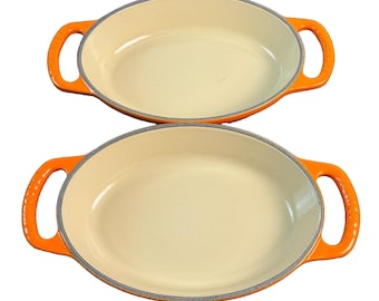 Sartén ovalada de hierro fundido Le Creuset de 5/8 qt (0,6 L) color naranja llama, RARA - Juego de 2