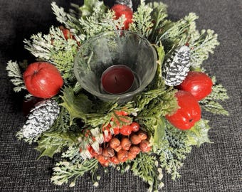 Fire King Kaarsenring Kunststof Kerst Dennenappels Appels Hulst en bessen