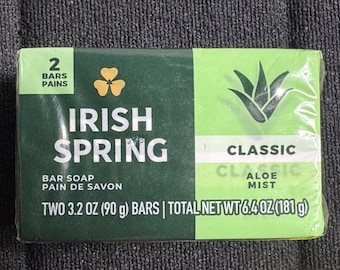 Jabón en barra Irish Spring Classic con aroma a aloe bruma, original y limpio. Dos barras de 90 g (3.2 oz). Nuevo.