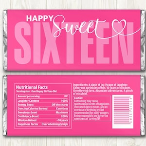 Digital PDF for Hershey&#39;s 1.55oz - Sweet 16 Chocolate Bar Wrapper Printable - DIY Label - Custom Sweet Sixteen Birthday Party Favor