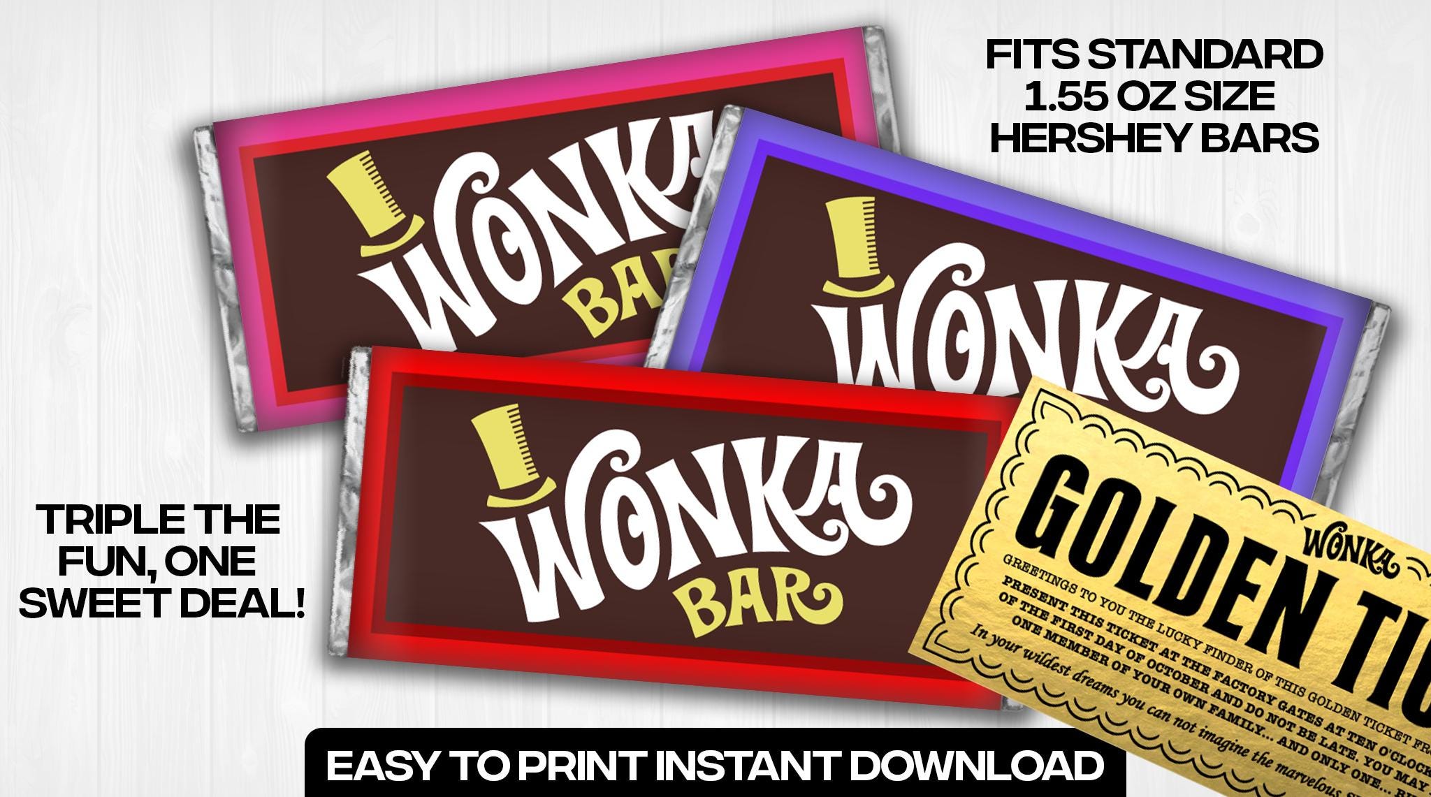 Wonka Chocolate Bar Label – Hershey 1.55oz, 3-color DIY Wrapper