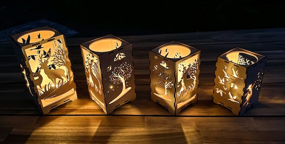 Herbstliche Teelicht Laternen aus Holz mit Reh-, Laub- und Kindermotiven – Windlichter für Garten, Deko, Halloween personalisierte Geschenke