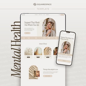 May include: A website design mockup for mental health services, shown on a tablet and a smartphone. The design uses a minimalist style with beige and white tones. The text "Support That Meets You Where You Are" is displayed on the screens.