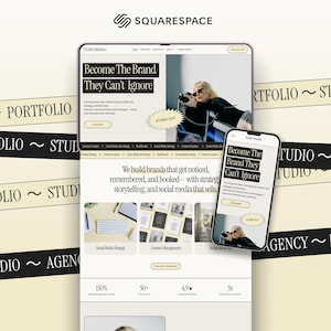 May include: A website design displayed on a tablet and smartphone, promoting a brand's online presence. The design includes the text "Become The Brand They Can't Ignore" and a photograph of a person with a camera. The background is a light beige colour.