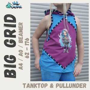 May include: A sleeveless tank top with a purple bodice and a blue bottom. The bodice has a black and white geometric pattern and a graphic print of a cartoon girl. The tank top has a hood and the text "BIG GRID A4/A0/BEAMER 62-176" is printed on the left side of the image. The text "TANKTOP & PULLUNDER" is printed at the bottom of the image.