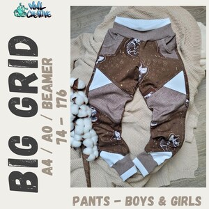 May include: Brown and white patterned pants with a white waistband and cuffs. The pants feature a dinosaur print and geometric patches. The text "BIG GRID" and "PANTS - BOYS & GIRLS" are visible.