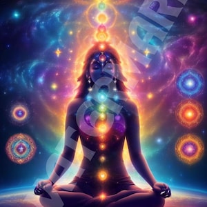 Donna meditativa con chakra stampa digitale, arte murale spirituale, poster di meditazione colorato, download di opere d'arte yoga