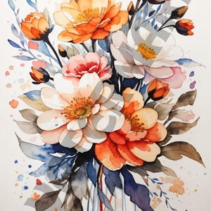 Impression d'art aquarelle bouquet de fleurs, art mural botanique peint à la main, illustration de fleurs vibrantes, décoration en téléchargement numérique