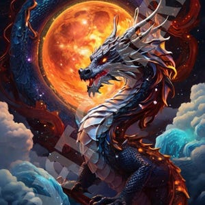 ドラゴンアートプリントデジタルイラスト、ファンタジードラゴンウォールアート、月とドラゴンアートワーク、神話の生き物、印刷可能なデジタルダウンロード