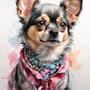 Chihuahua merle aquarelle, art canin ludique et captivant, cadeau parfait pour les amoureux des chiens, amateurs d'art aquarelle