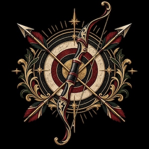 Puede incluir: Un emblema decorativo que presenta un arco recurvo y dos flechas cruzadas centradas sobre un objetivo circular. El diseño incorpora filigrana dorada, acentos en rojo y negro, y puntas en forma de estrella sobre un fondo negro.