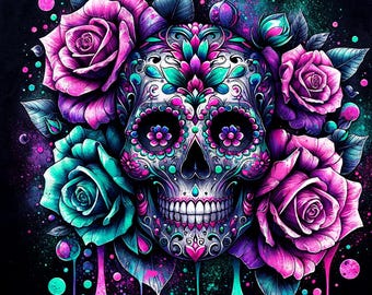 Floral Sugar Skull Tumbler Wrap, 20oz Skinny Sublimation Tumbler Design, Glitter Sugarskull Sublimation Design, Skeleton Rose Tumbler Wrap