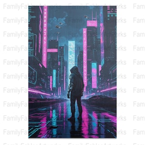 Futuristic Cyberpunk Digital Art, Neon Cityscape Poster, Urban Sci-Fi Artwork, Cyberpunk Poster Download, Glowing Streets