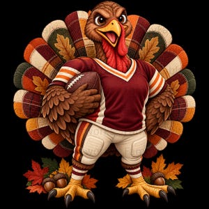 Op de afbeelding: Een cartoonkalkoen in een bordeauxrood en wit footballshirt en broek, die een bruine football vasthoudt. De kalkoen heeft een grote, uitgewaaierde staart met ruitpatronen in oranje, bruin en groen, geaccentueerd met herfstbladeren en eikels.