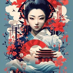 Japanese Geisha Art Print, Traditional Japanese Art, Asian Wall Decor, Digital Download, Oriental Theme, Home Office Decor