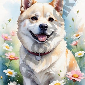 Whimsical Watercolor Akita, Floral Fantasy Art Illustration, Perfect Gift for Dog Lovers & Art Enthusiasts