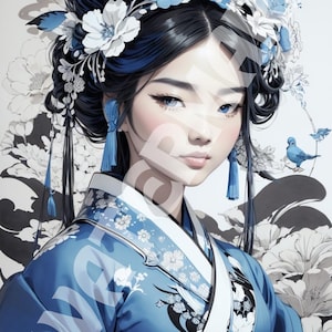 Eleganza monocromatica: donna coreana disegnata a mano in tradizionale hanbok, collezione d'arte di moda asiatica senza tempo