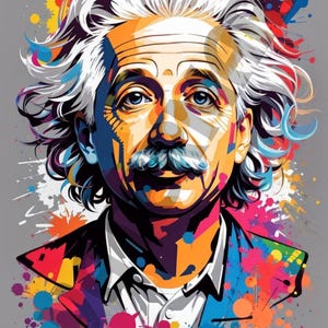 May include: A colorful, abstract portrait of Albert Einstein with a white background and splashes of paint in various colors.