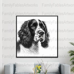 Portrait épagneul springer, illustration de chien noir et blanc (téléchargement numérique)
