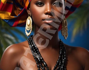 Haitian Elegance: Radiant Beauty in Traditional Karabela Dress, Cultural Art Illustration for Creative Designs