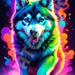 Impression d'art numérique chien Husky coloré, décoration murale vibrante de portrait de chien, Illustration de Husky arc-en-ciel, cadeau pour amoureux des animaux de compagnie, art animalier moderne