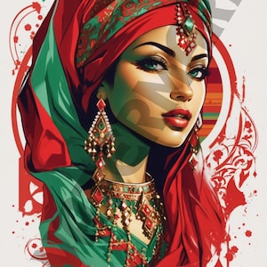 Impression d'art numérique marocaine, portrait d'inspiration marocaine, décoration murale numérique, illustration de femme ethnique, art mural aux couleurs vives
