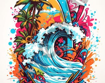 Surfboard Art Print, Digital Illustration, Tropical Beach Wall Art, Hawaiian Decor, Colorful Surfing Poster, Ocean Wave Artwork