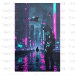 Cyberpunk Poster Digital Art Print, Futuristic Sci Fi Cityscape, Neon Lights Wall Decor, Retro Futurism Cyber Art, Digital Download