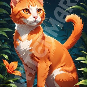 Digital Katze Kunstdruck, Orange getigerte Katze Illustration, Natur inspirierte Katze Dekor, Niedliche Katze Wandkunst, Geschenk für Tierliebhaber