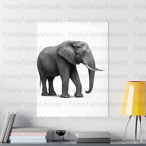 Elephant Digital Art, Black and White Wall Art, African Animal Poster, Wildlife Print, Home Decor, Digital Download