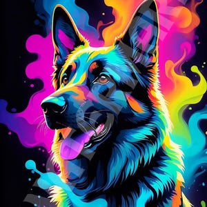 Kleurrijke Duitse herder digitale kunstprint, psychedelische hond kunst aan de muur, abstract huisdier portret, levendig hondendecor, hondenliefhebber cadeau