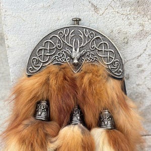 Handmade Scottish Brown Fox Fur Sporran: Stag Head Highland Dress