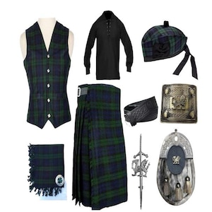 Men's Scottish Tartan Highland Kilt Outfit: 13-pcs wool vest, Hat Wedding kilt Set