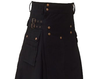 Men's Black Cotton Utility Kilt Handmade Tactical Kilt Cargo Pockets Kilt