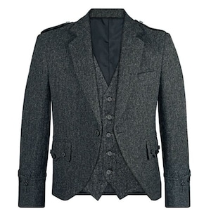 Men's Scottish Charcoal Grey Tweed Wool Argyle Kilt Jacket with 5 Button Vest