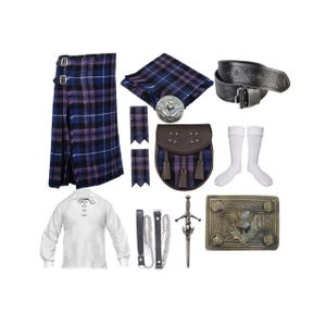 Men&#39;s Scottish Handmade 11 pcs Thistle style kilt outfit Wedding tartan kilt set With Matching Tartan Sporran  Available in 60+ Tartans