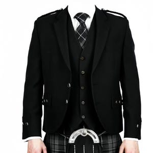 May include: A black suit jacket with a matching waistcoat and a plaid tie. The jacket has silver buttons and a kilt pin.