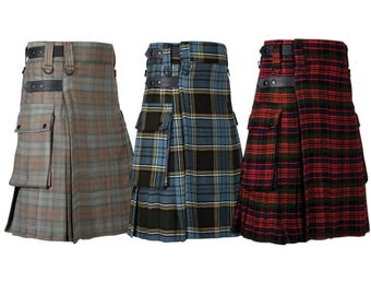 Scottish Handmade Tartan Utility wool Kilt: Highland working cargo pockets Kilt