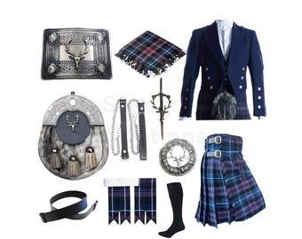 Szkocki kilt w kratę: kurtka Blue Prince Charlie, zestaw kiltów Sporran z głową jelenia