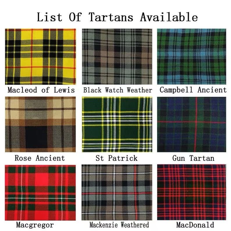 Puede incluir: Un gr&aacute;fico que muestra nueve patrones de tart&aacute;n diferentes, cada uno con un nombre debajo. Los tartanes incluyen MacLeod of Lewis, Black Watch Weather, Campbell Ancient, Rose Ancient, St Patrick, Gun Tartan, Macgregor, Mackenzie Weathered y MacDonald.