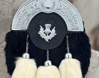 Scottish Fur, Leather Thistle Cantle Kilt Sporran with Chain & Belt