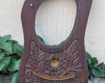 Handmade Rosewood Lyre Harp: Floral Design, 10 Metal Strings