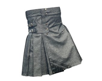 Falda escocesa de mezclilla negra utilitaria gótica para hombre, hecha a mano, táctica, con bolsillos de carga, falda escocesa de trabajo.