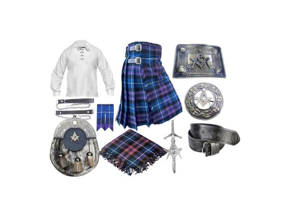 Men's Scottish Tartan Kilt Outfit: 11-pcs Masonic highland Wedding kilt Set