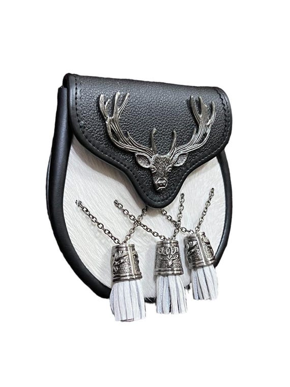 Sporran Uomo Scozzese In Pelle Con Testa Di Cervo E Cantle Celtico – Kilt Accessorio