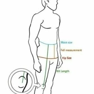 Puede incluir: Diagrama que muestra c&oacute;mo medir para un kilt. El diagrama muestra a una persona de pie con l&iacute;neas que indican d&oacute;nde medir la cintura, la medida de la ca&iacute;da, la talla de la cadera y la longitud del kilt.