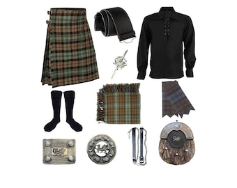 Męski szkocki kilt w kratę: 11-częściowy zestaw kiltów ślubnych w stylu walijskim