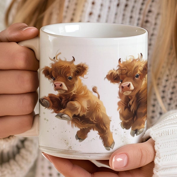 Adorable Highland Cow Mug, Cute Baby Calf CoffeeMug, 11oz Wraparound Heilan Coo Cup, Galloping Bull Animal Teacup, Young Highland Cattle Mug